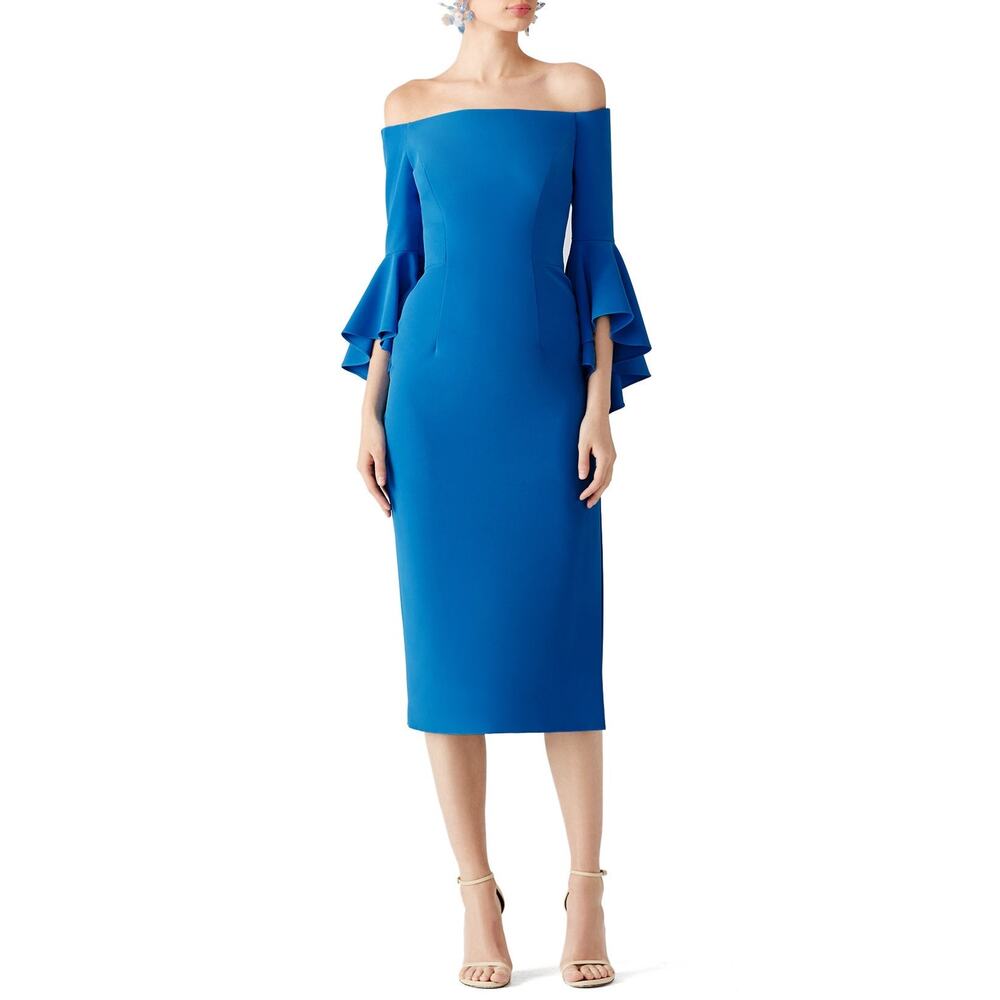 MILLY Blue Selena Crepe Slit Dress Off Shoulder Bell Sleeves Glam Event - Sz 8